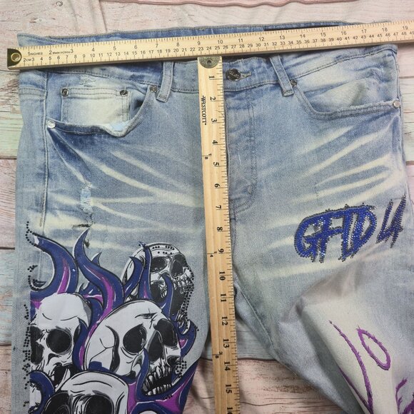Mens GFTD Los Angeles Distressed Blue Purple Gradient Skull Graphics No Faith Je - Picture 8 of 10